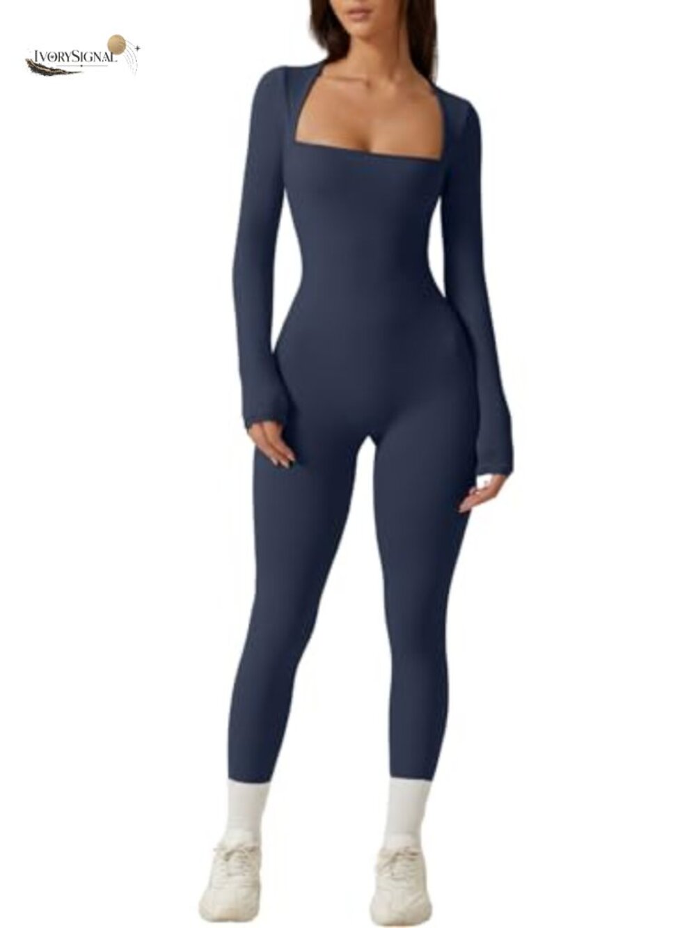 Bodycon Square Neck Long Sleeve Leggings Jumpsuit, Stretch Nylon Blend